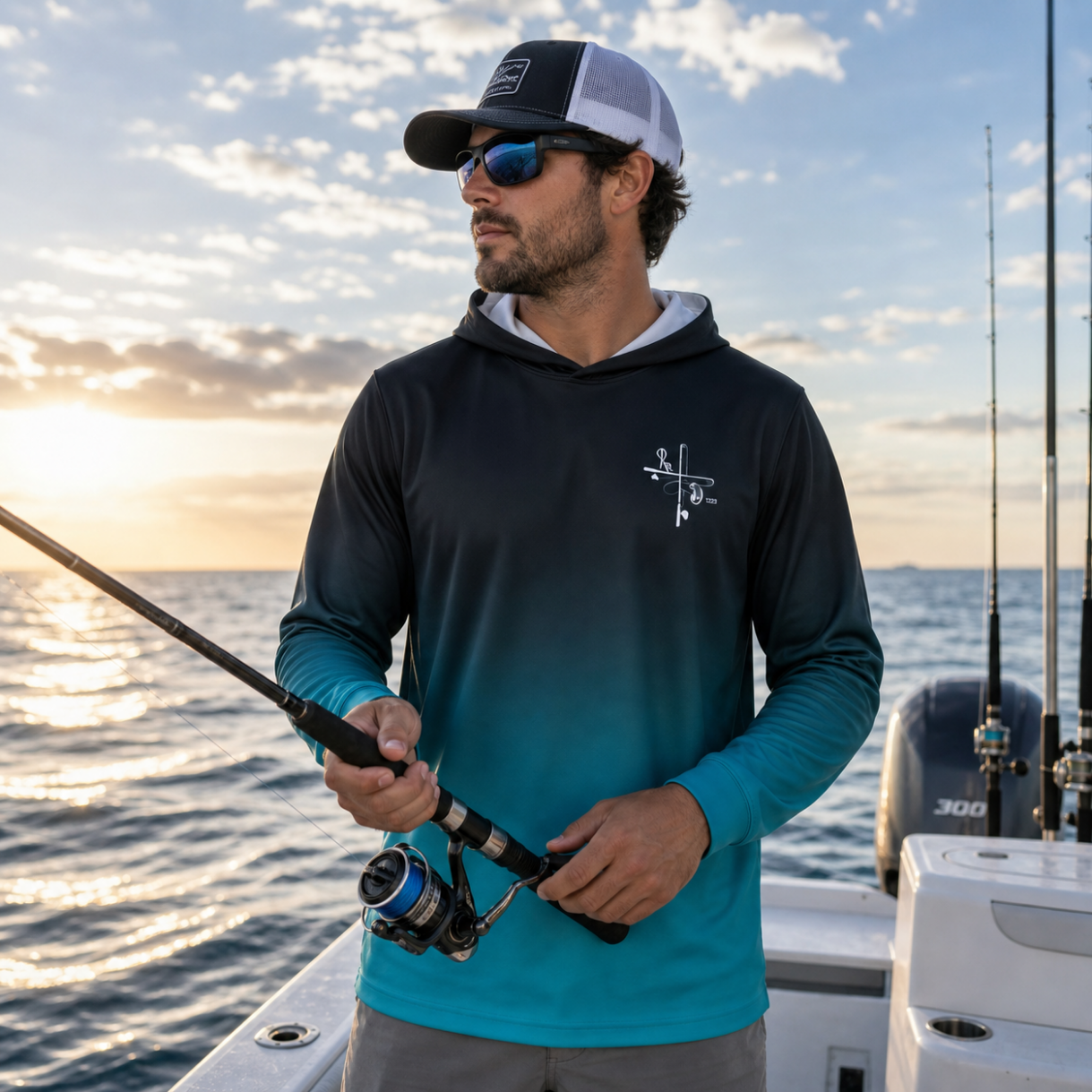 Black Teal Fishing Hoodie